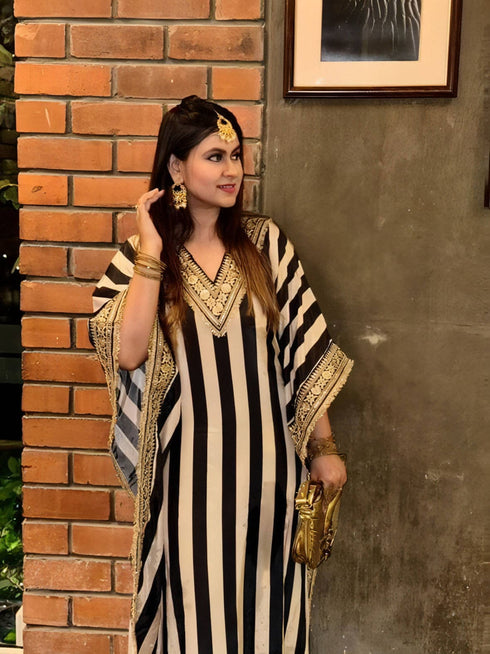 Gold Black Striped Kaftan Set